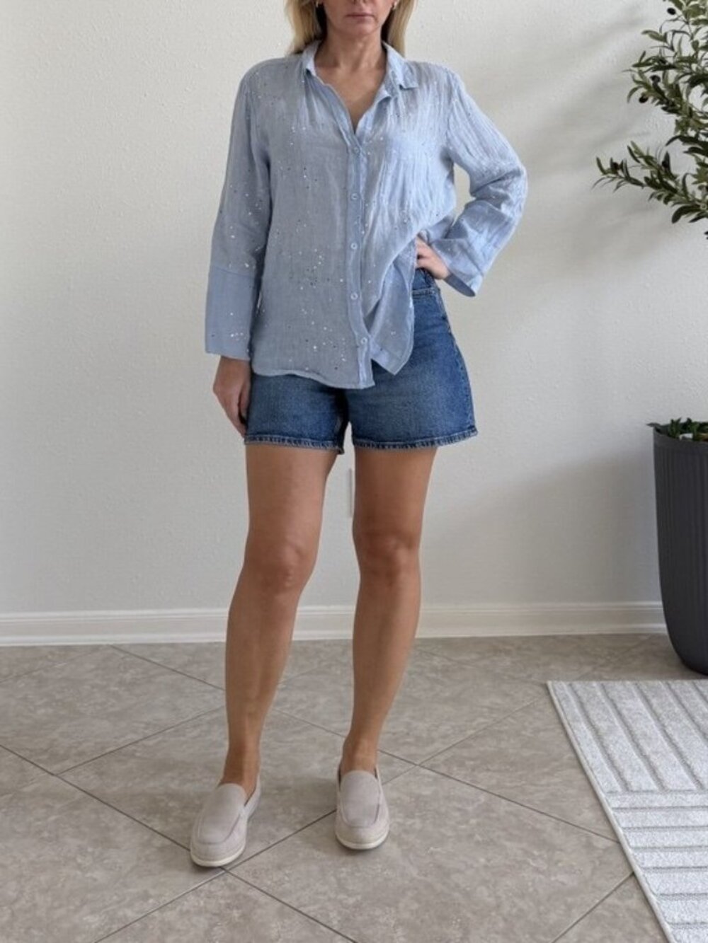 Bella Dahl 100% Linen Blue Paint Splatter Button Down Shirt Size S
